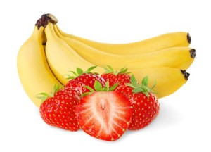 Bananas and strawberries isolated on white