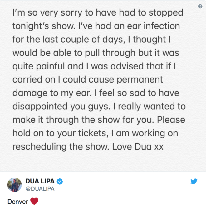 Dua Lipa zveřejnila tento vzkaz na svém Twitterovém účtu po přerušeném koncertě