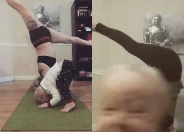 Baby jóga trochu jinak. Rošťák se plete cvičící mamince do záběru, jejich VIDEO baví internet