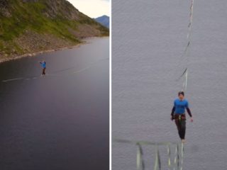 VIDEO: Mladík přešel po&nbsp;vysoko nataženém popruhu přes jezero. Ušel téměř tři kilometry