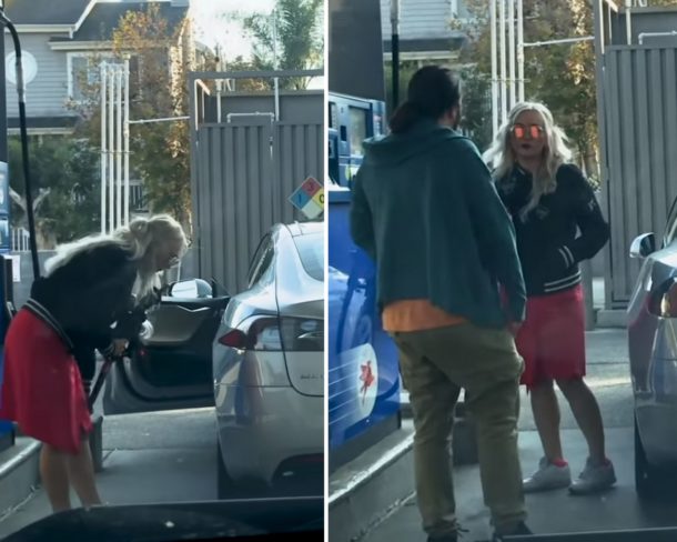 FOTO: Blondýna chtěla natankovat benzin do elektromobilu. Jak to asi dopadlo?