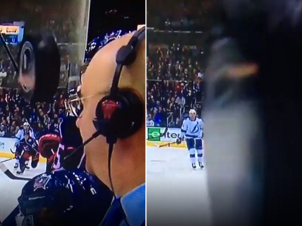VIDEO: To bylo o fous! Sportovního komentátora jen těsně minul letící puk