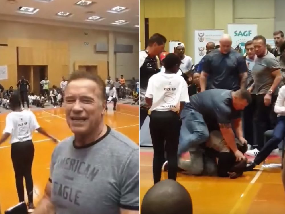 Schwarzenegger stále ve formě! Na&nbsp;festivalu ustál kop do zad od neznámého muže