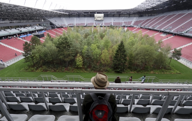 Umělec nechal na stadionu vyrůst les, má lidi vyburcovat
