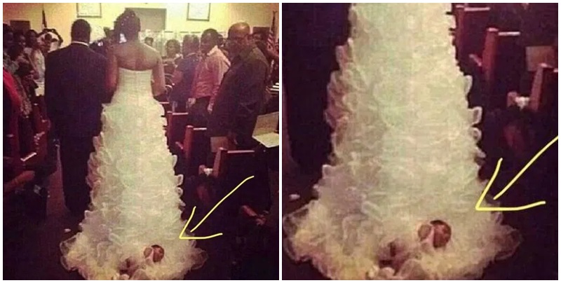 Nevěsta si k&nbsp;vlečce připevnila vlastní dítě. Nehorázné, kritizují lidé