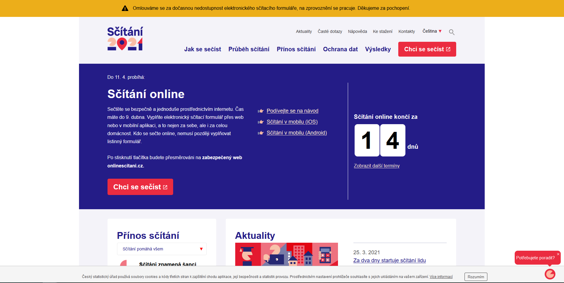 On-line sčítání lidu je pozastaveno, systém je přetížen