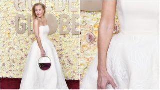 Gillian Anderson na&nbsp;červeném koberci překvapila nečekaným vzorem. Na&nbsp;šatech měla vyšité ženské přirození