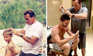 FOTO DNE: Arnie v&nbsp;roli otce! Schwarzenegger stříhal syna jako před lety a&nbsp;je z&nbsp;toho hit