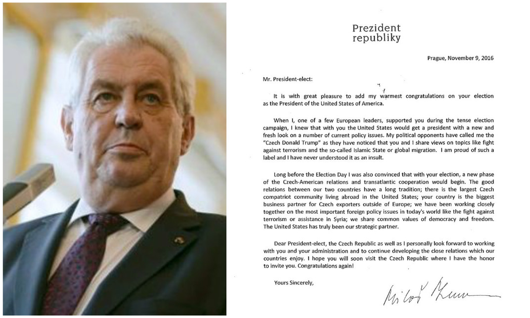 Přešlap Zemana: Prezident poslal Trumpovi gratulační dopis plný chyb. FOTO