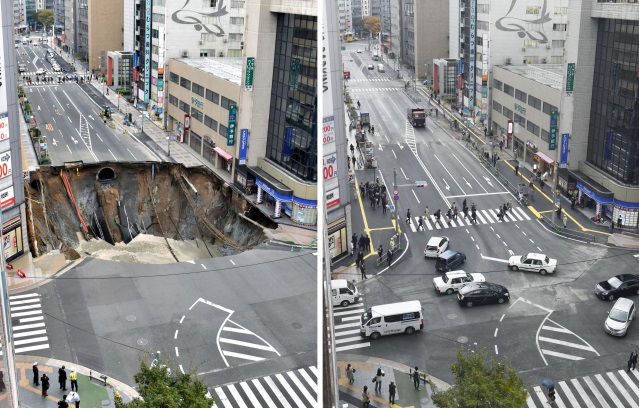 FOTO: Neuvěřitelné! Japonci během jediného týdne opravili obrovský kráter v centru města