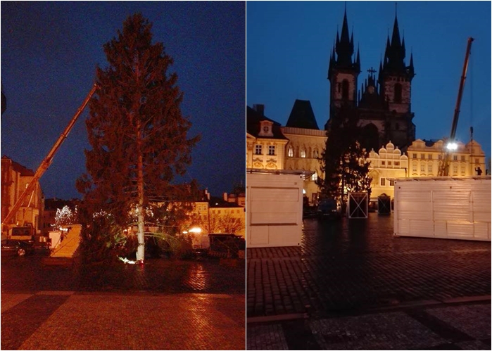 Na Staroměstském náměstí stojí vánoční strom, rozsvítí se už o&nbsp;víkendu