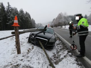 Audinou po&nbsp;nárazu do náklaďáku projely dva kůly. GALERIE