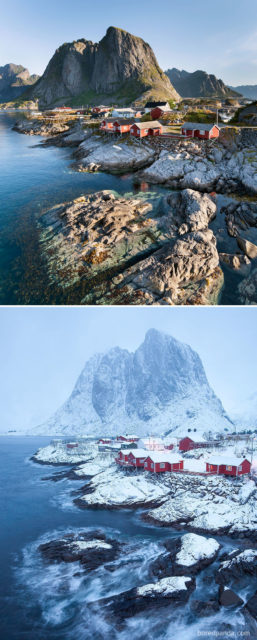 Rybářská vesnice Hamnøy v Norsku.