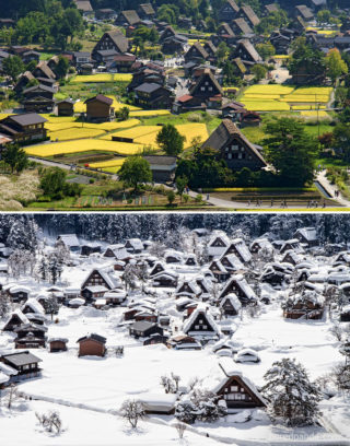 Historická vesnice Shirakawa-Gō v Japonsku.